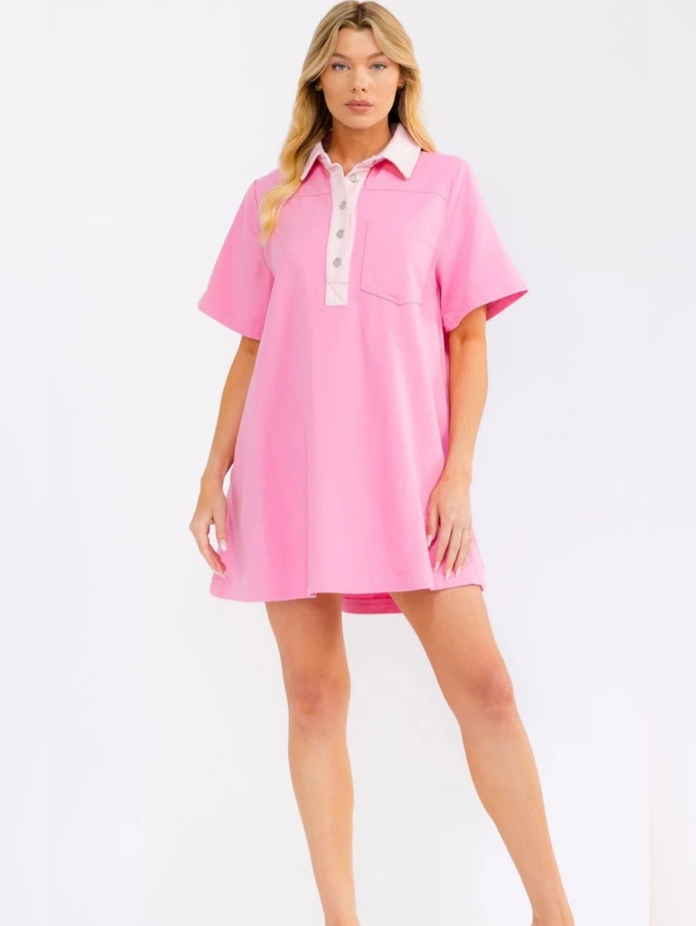 Fantastic Fawn Pink Short Sleeve Polo Button Front Denim Dress